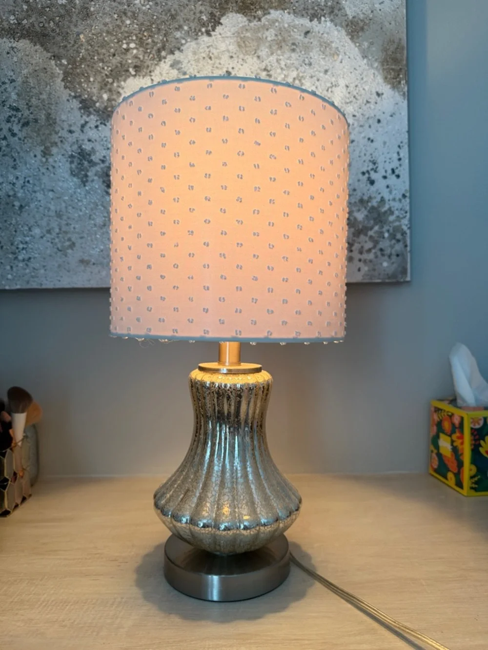 Elegant White Beaded Shade Table Lamp with Silver Mercury Glass Base